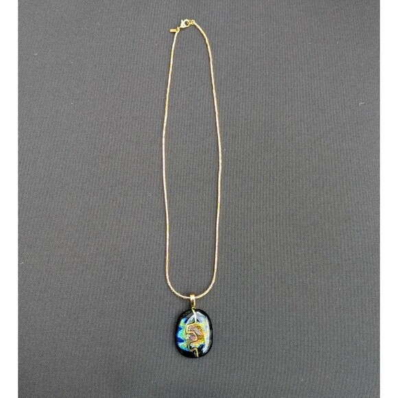 Vintage Monet Blue Glitter Dichroic Glass Pendant & Gold Chain Necklace - Picture 1 of 7